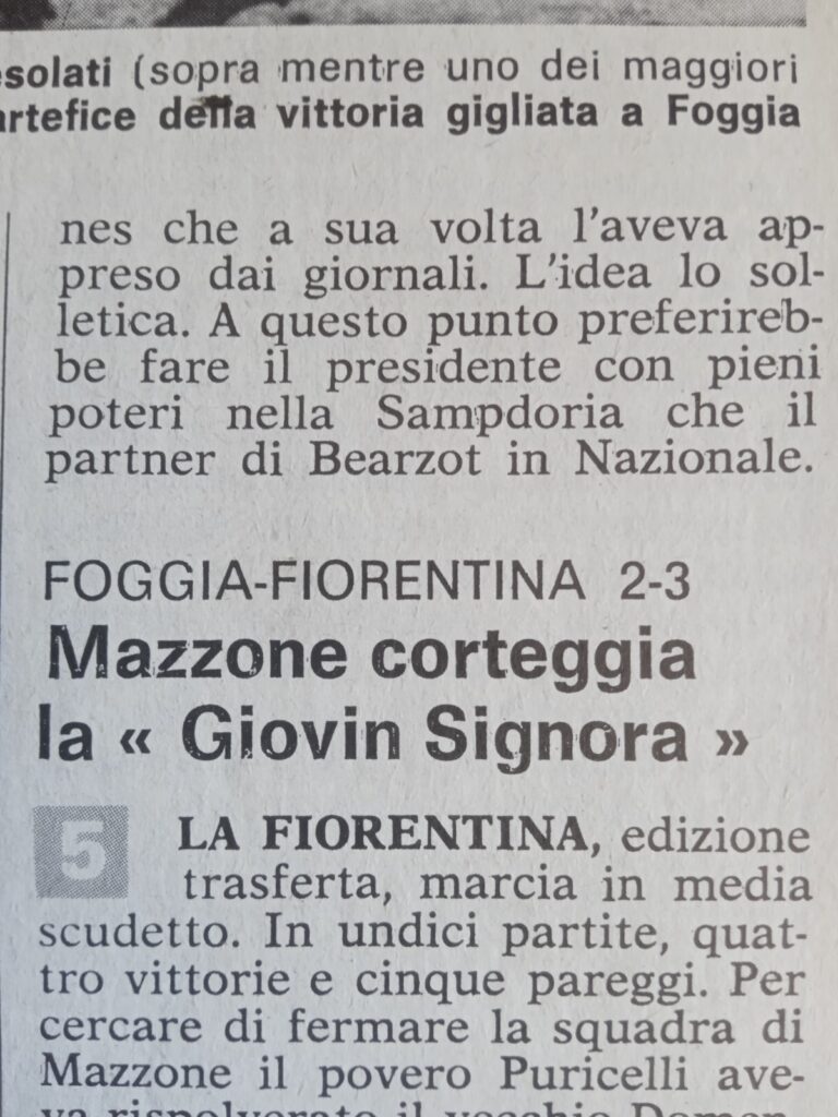 Titolo del Guerin Sportivo alla vigilia di Fiorentina -Juventus del 1976-77 nella rubrica di Elio Domeniconi
